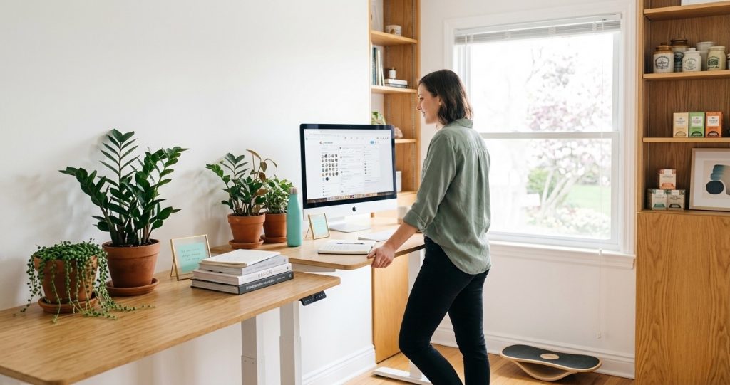 Professional at standing desk with laptop, confidently managing online business community in modern workspace