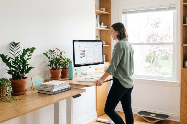 Professional at standing desk with laptop, confidently managing online business community in modern workspace