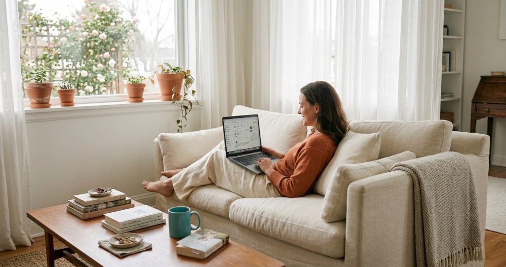 Woman relaxing on couch with laptop in warm afternoon light, comfortably managing online community from home