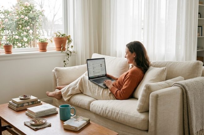 Woman relaxing on couch with laptop in warm afternoon light, comfortably managing online community from home