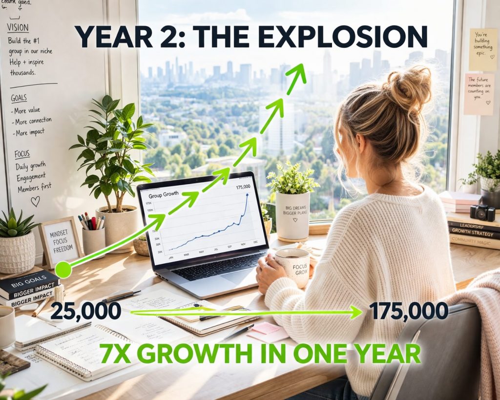 Facebook group growth explosion from 25,000 to 175,000 members in year 2