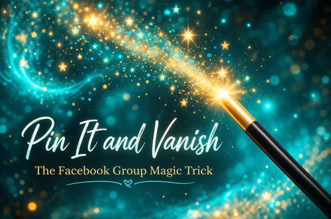 Turquoise and gold magical scene featuring a glowing wand releasing sparkling star trails across a dreamy teal background, with elegant text reading “Pin It and Vanish” and “The Facebook Group Magic Trick.