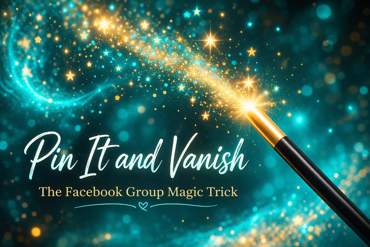 Turquoise and gold magical scene featuring a glowing wand releasing sparkling star trails across a dreamy teal background, with elegant text reading “Pin It and Vanish” and “The Facebook Group Magic Trick.
