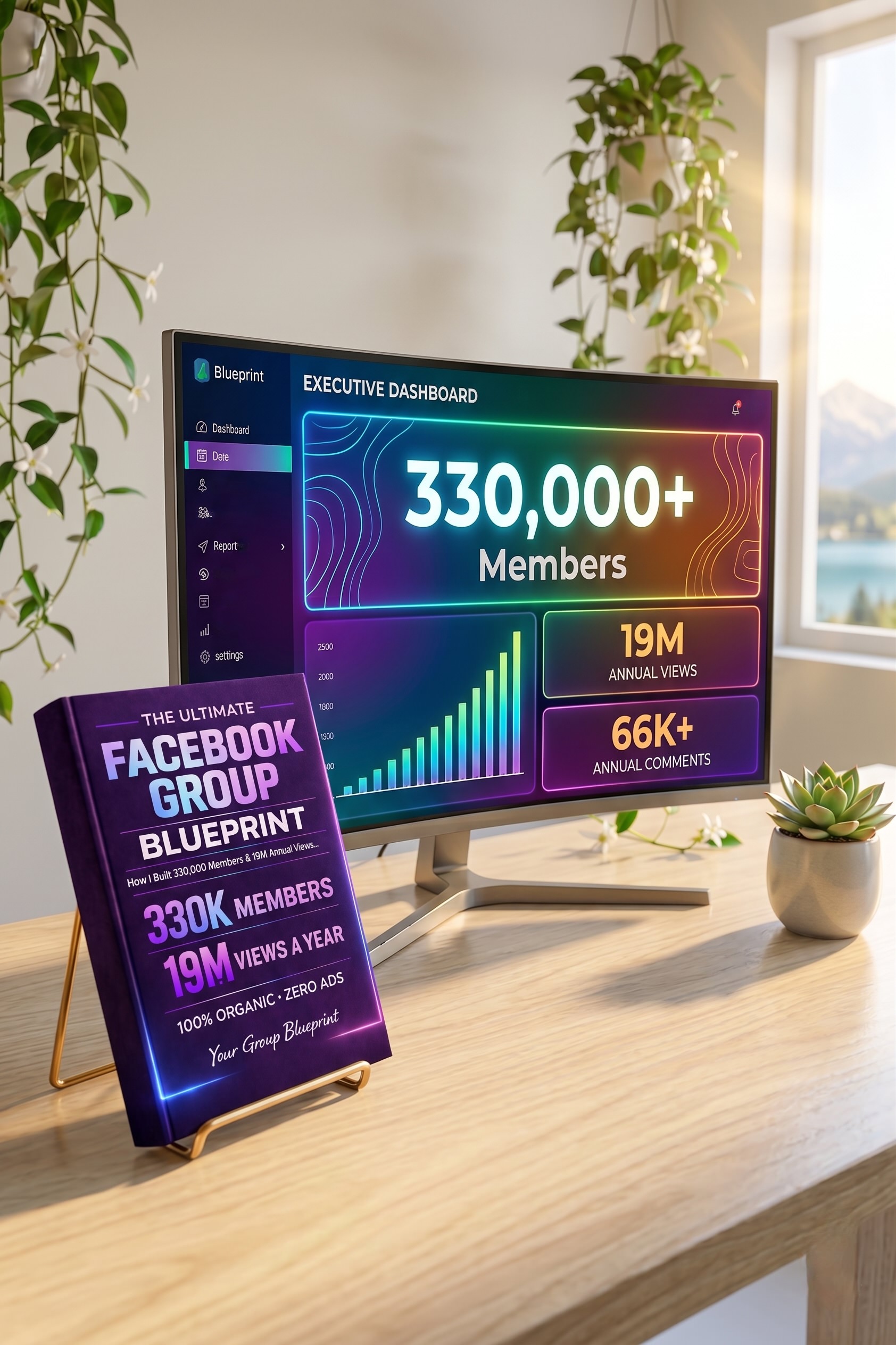 Executive pitch kit dashboard showing 330,000+ organic members and 19M views for corporate community strategy