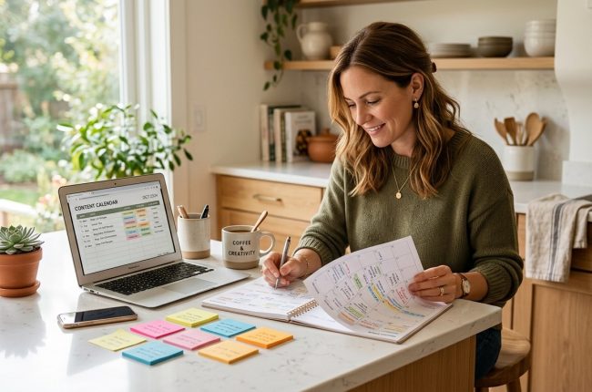 Woman planning seasonal content for her Facebook group at a kitchen island with calendar and sticky notes