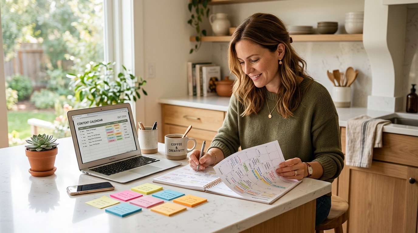 Woman planning seasonal content for her Facebook group at a kitchen island with calendar and sticky notes