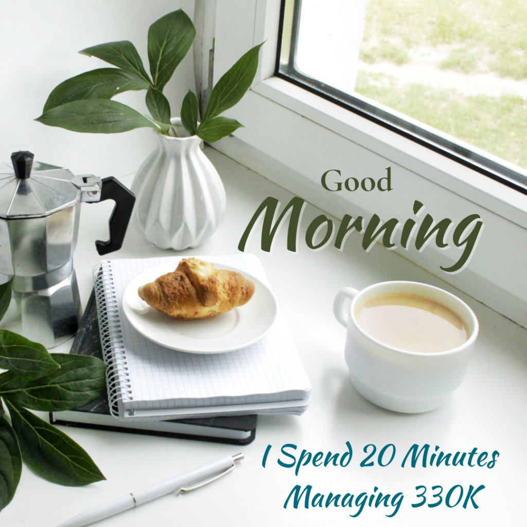 Saturday morning coffee scene with laptop showing Facebook group moderation routine in 20 minutes