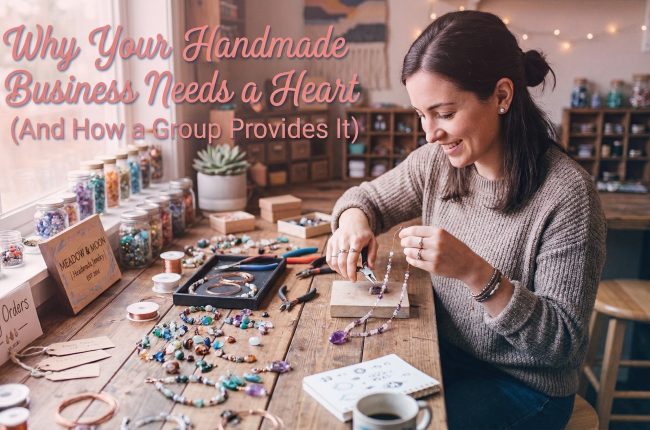 Jewelry maker crafting a necklace in her home studio with a sign that says Etsy Orders