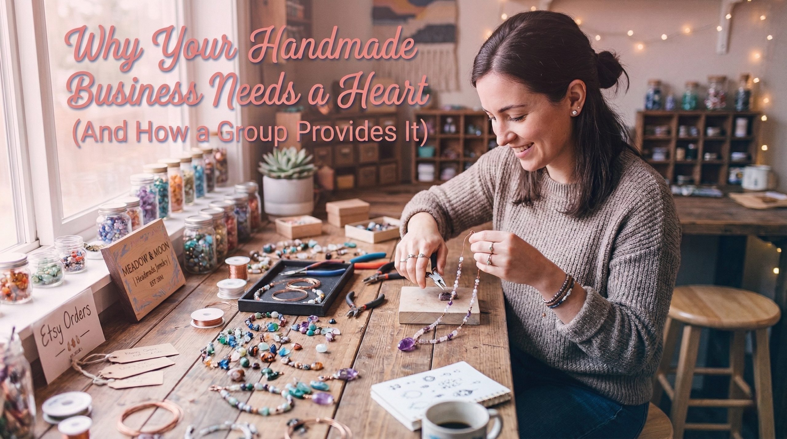 Jewelry maker crafting a necklace in her home studio with a sign that says Etsy Orders