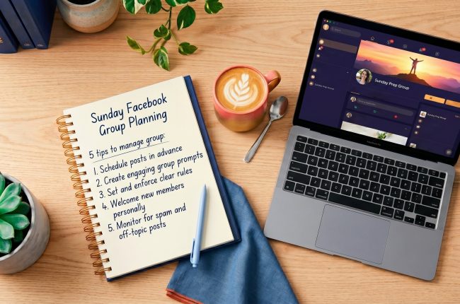Sunday planning flatlay with weekly Facebook group checklist and coffee for organized week ahead
