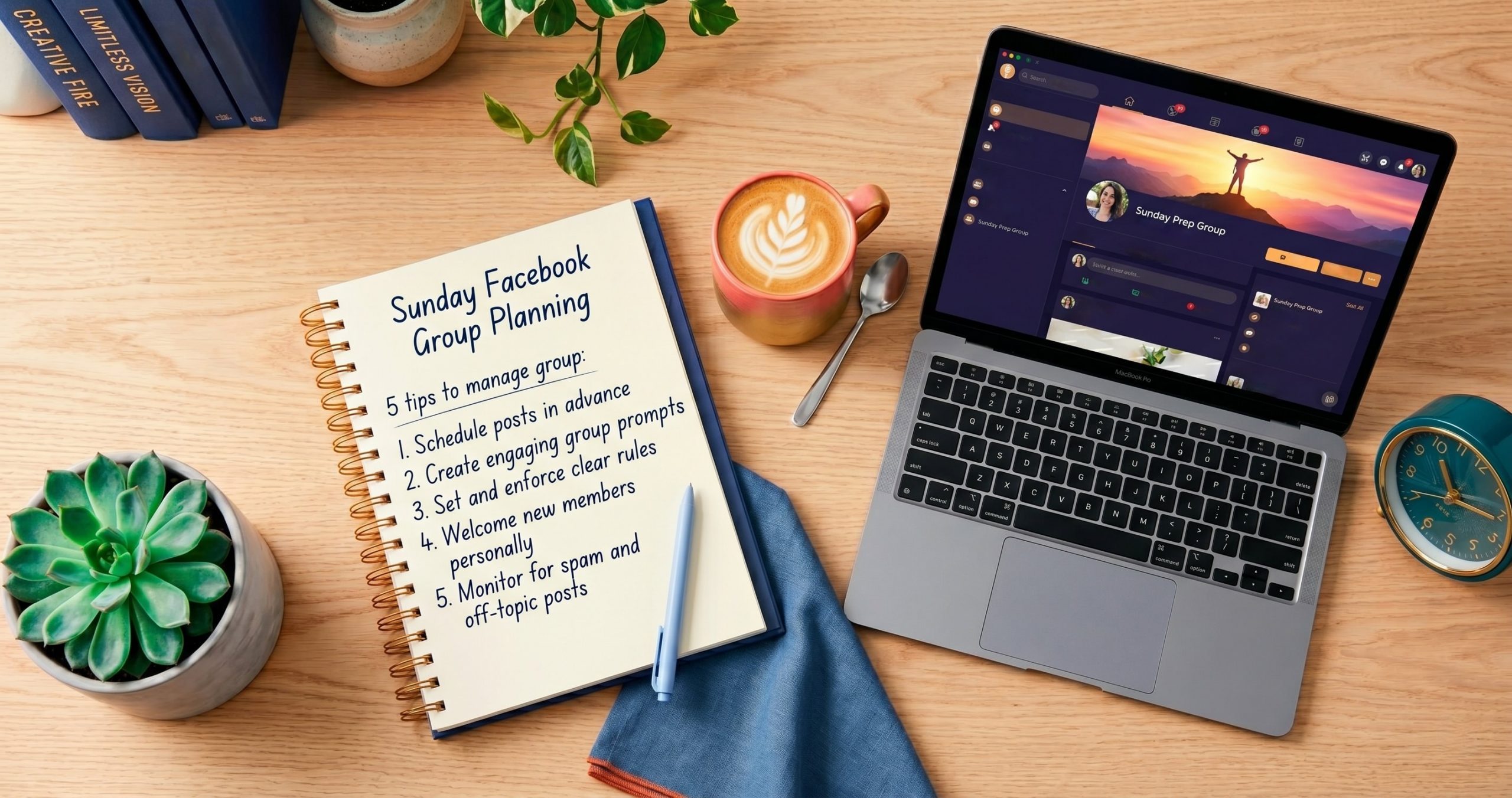 Sunday planning flatlay with weekly Facebook group checklist and coffee for organized week ahead