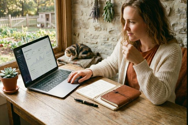 A photo of a woman with curly brown hair in a rustic home office, sitting at a wooden desk with a cat sleeping on a blanket next to her, looking at a laptop displaying a business metrics dashboard with a coffee mug, notebook, and dried lavender hanging on the wall in the background.