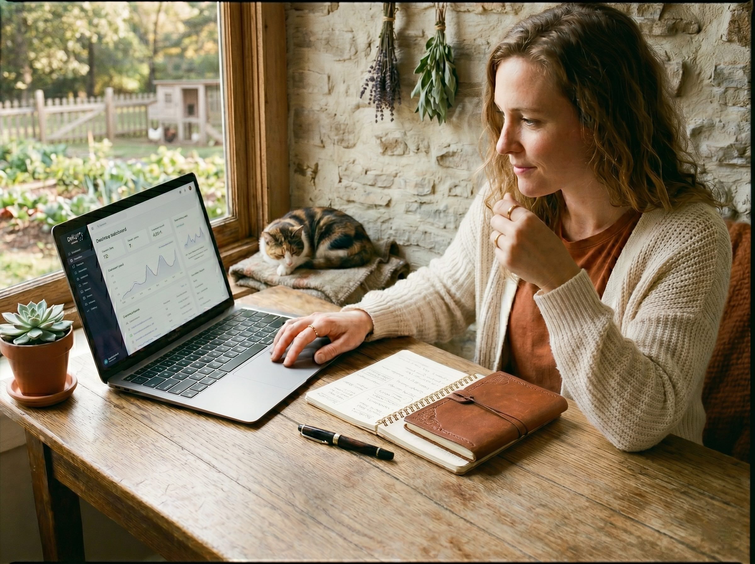 A photo of a woman with curly brown hair in a rustic home office, sitting at a wooden desk with a cat sleeping on a blanket next to her, looking at a laptop displaying a business metrics dashboard with a coffee mug, notebook, and dried lavender hanging on the wall in the background.
