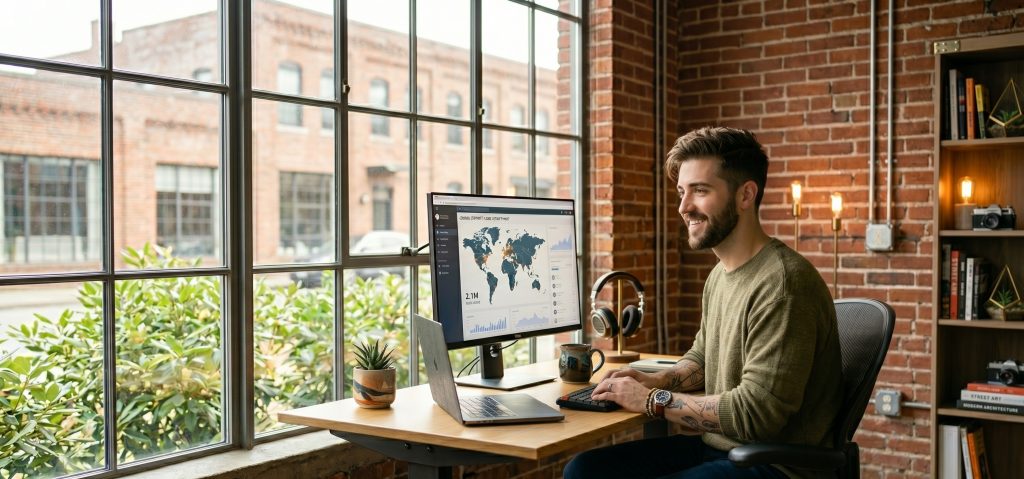 A happy software developer smiling at his monitor in a bright sunny home office, warm morning light streaming through the window, fresh coffee on the desk