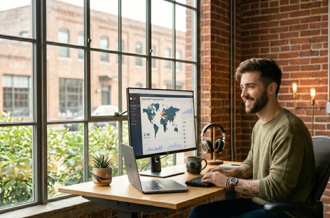 A happy software developer smiling at his monitor in a bright sunny home office, warm morning light streaming through the window, fresh coffee on the desk