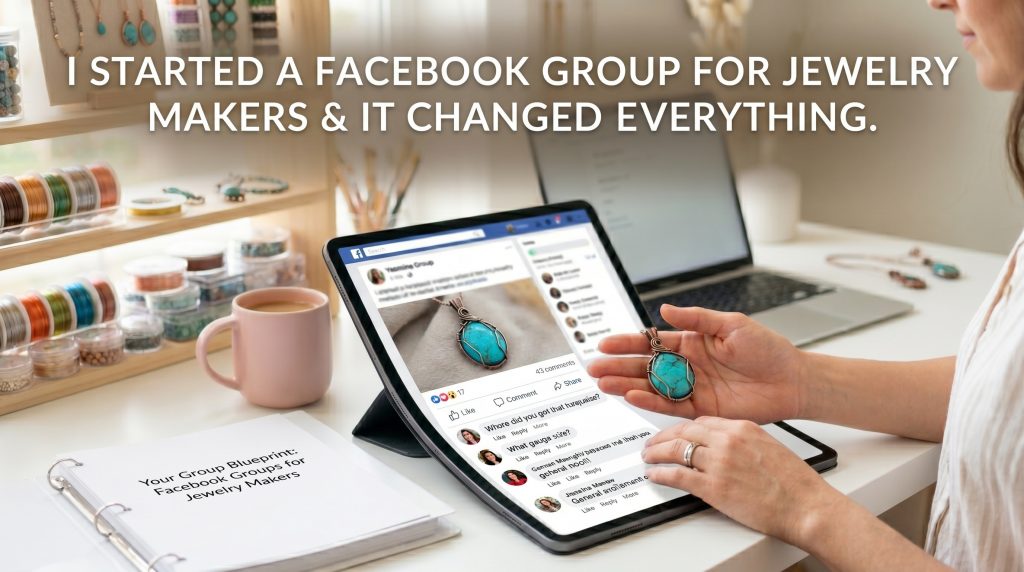 A woman holding a handmade wire-wrapped turquoise pendant next to a tablet displaying a Facebook Group discussion.