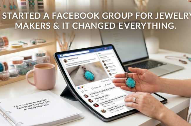 A woman holding a handmade wire-wrapped turquoise pendant next to a tablet displaying a Facebook Group discussion.
