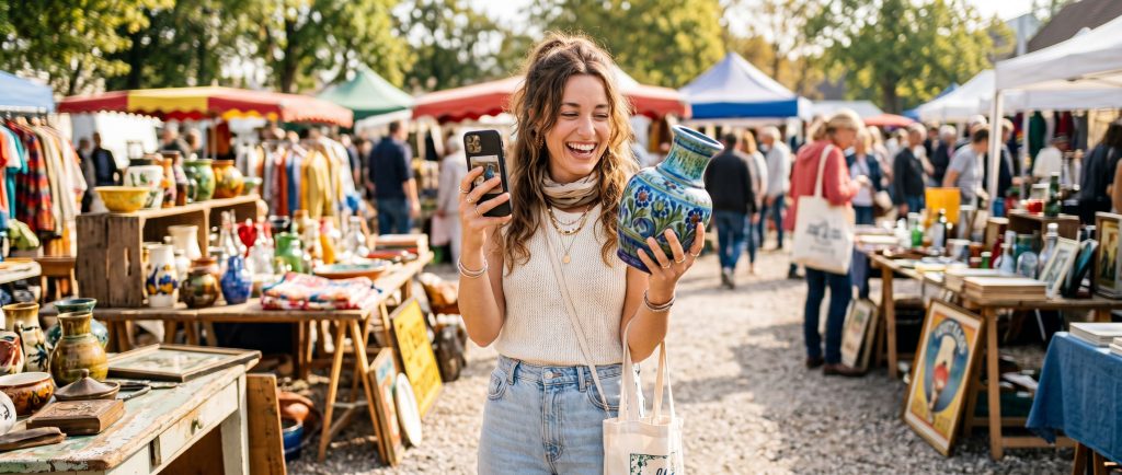 A happy woman at a sunny outdoor flea market holding up a vintage ceramic piece she just found, phone in hand, smiling with genuine excitement surrounded by colorful vintage treasures