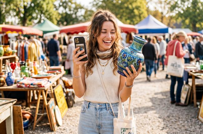 A happy woman at a sunny outdoor flea market holding up a vintage ceramic piece she just found, phone in hand, smiling with genuine excitement surrounded by colorful vintage treasures
