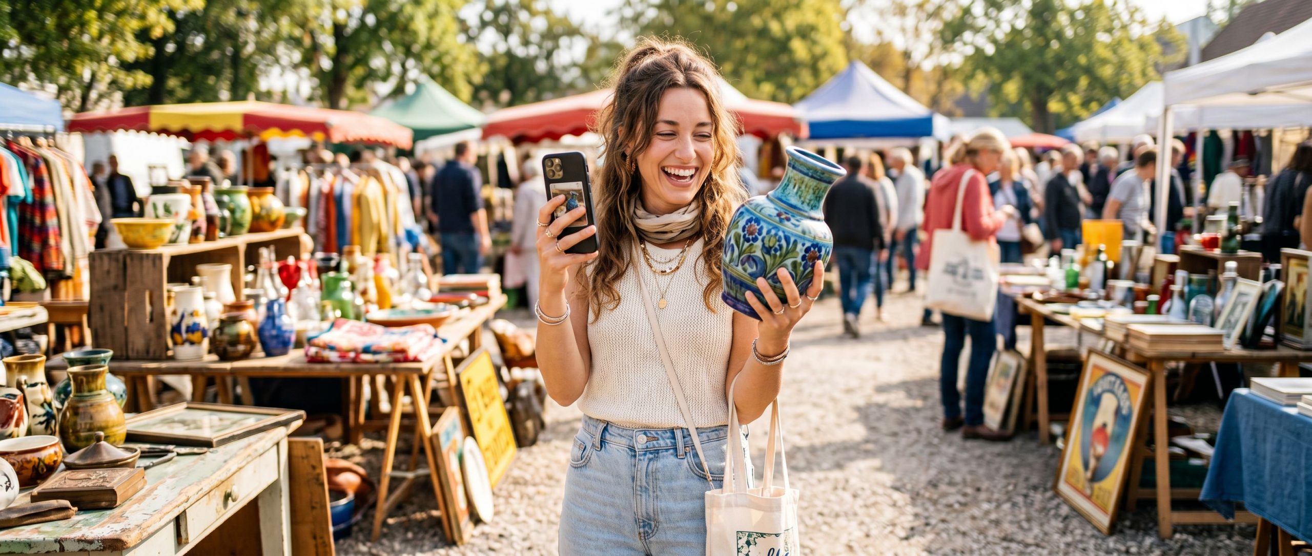 A happy woman at a sunny outdoor flea market holding up a vintage ceramic piece she just found, phone in hand, smiling with genuine excitement surrounded by colorful vintage treasures